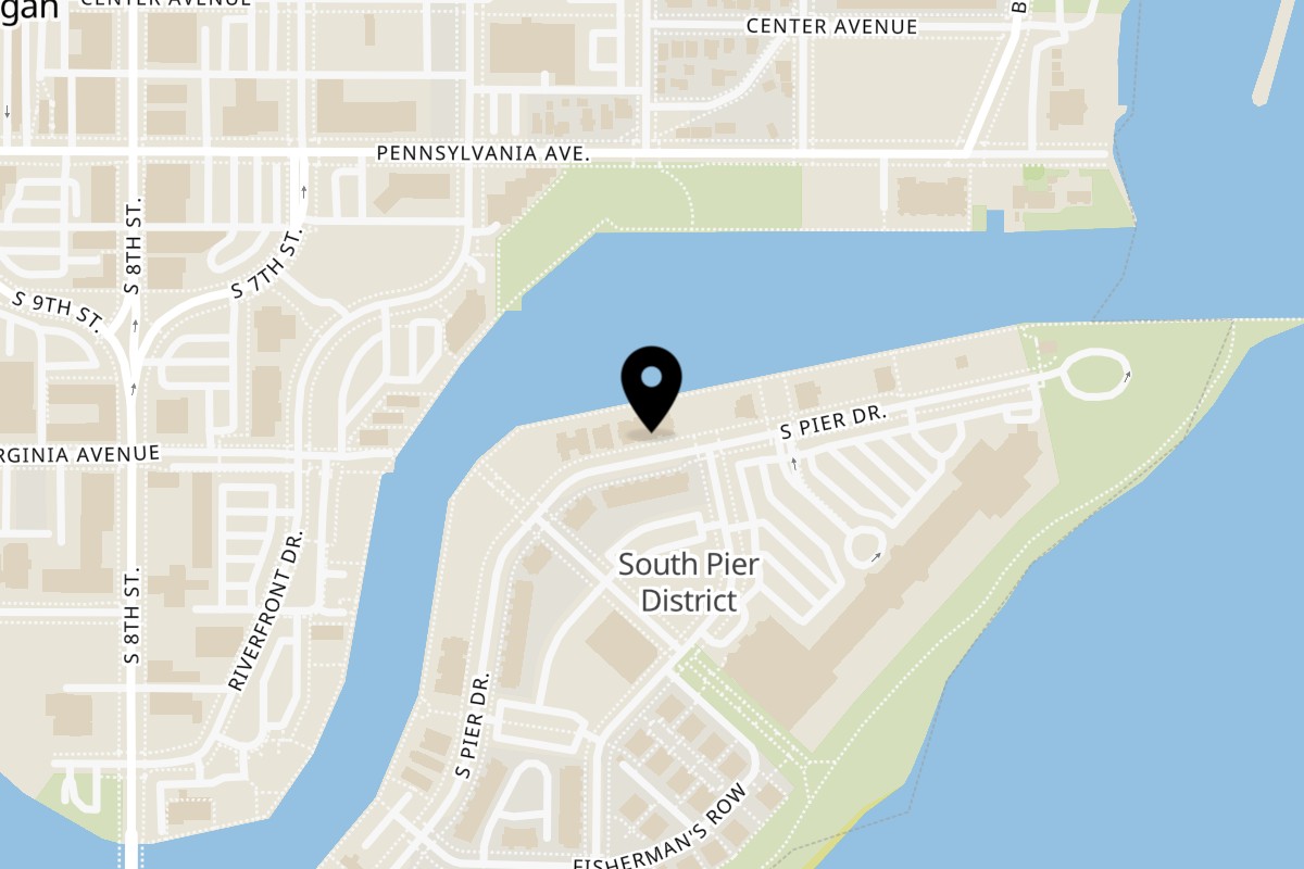 Map showing the location of Anglers Pub & Grill on 518 S Pier Dr in Sheboygan